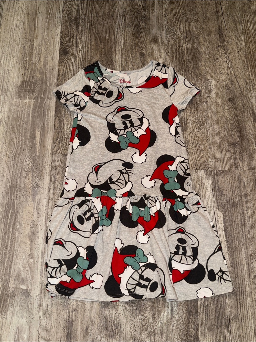 Disney Girls Minnie Mouse Holiday Print Dress in Gray, Red, Black, Teal